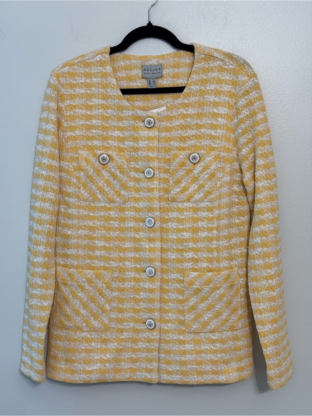 Susan Graver Yellow and White Tweed Button Jacket